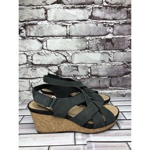 Clarks Unstructured Black Leather Criss Cross Strap Cork Wedge Sandals Women 7M